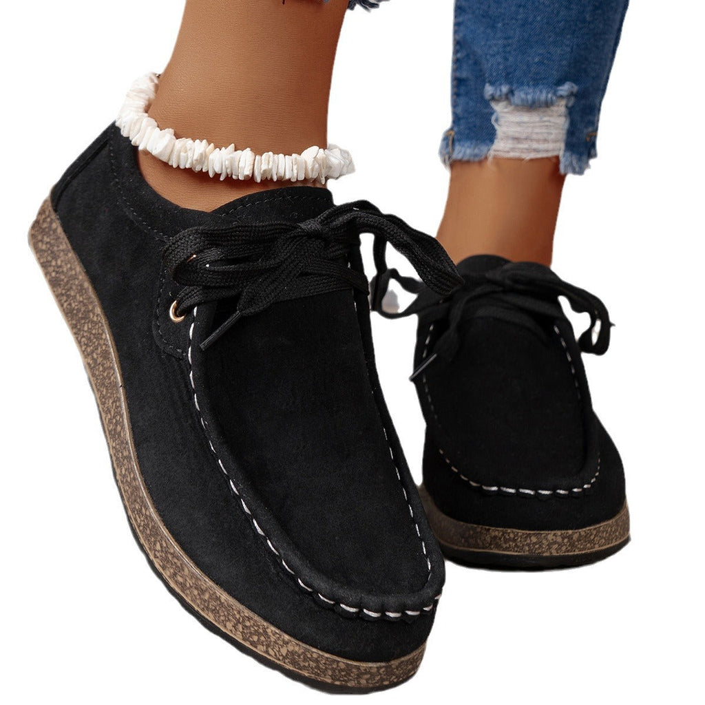 Solid Color Front Lace-up Round Toe Women's Leisure Thin Shoes