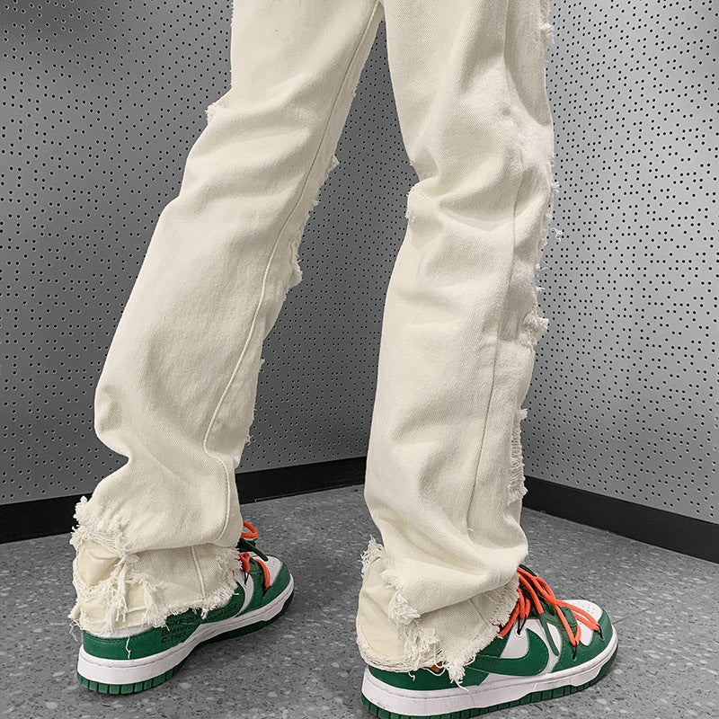 Fake Ripped Jeans Men's Slim Straight Bootcut Trousers
