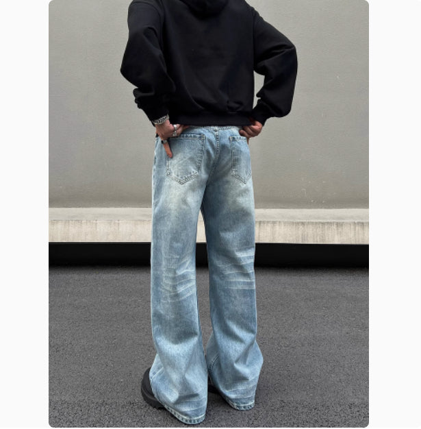 Men's Retro Whisker Washed Blue Straight Jeans