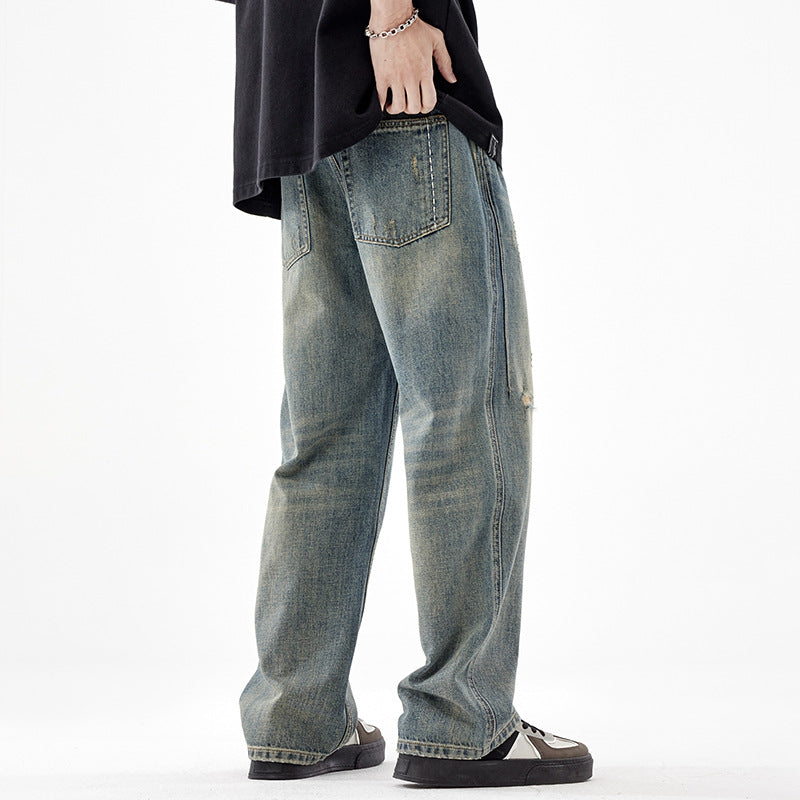 Men's American-style Retro Wide Leg Ripped Jeans