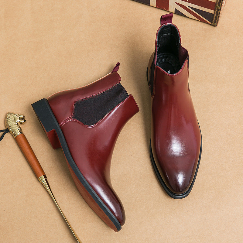 Men's Business Autumn High-top Pointed Red Leather Boots