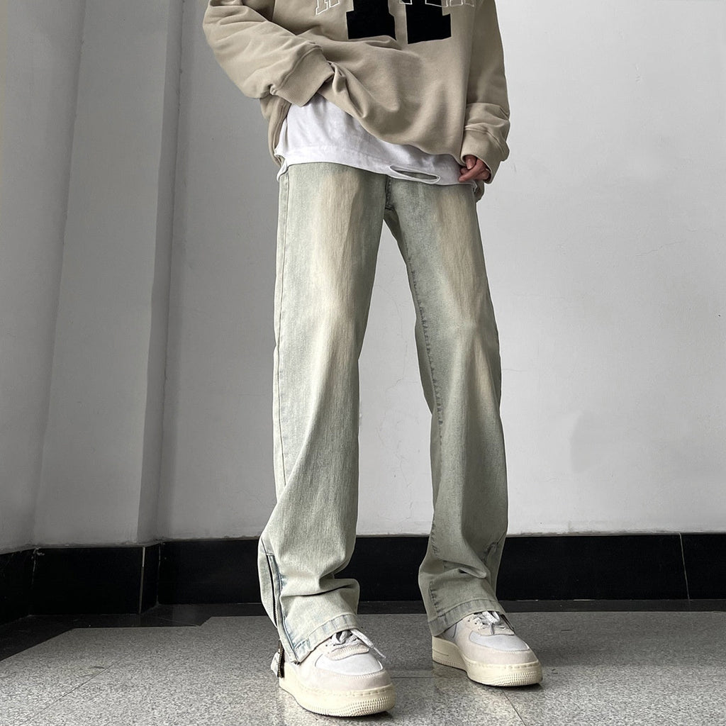 Side Zipper Skinny Jeans For Men Retro Straight-leg Pants