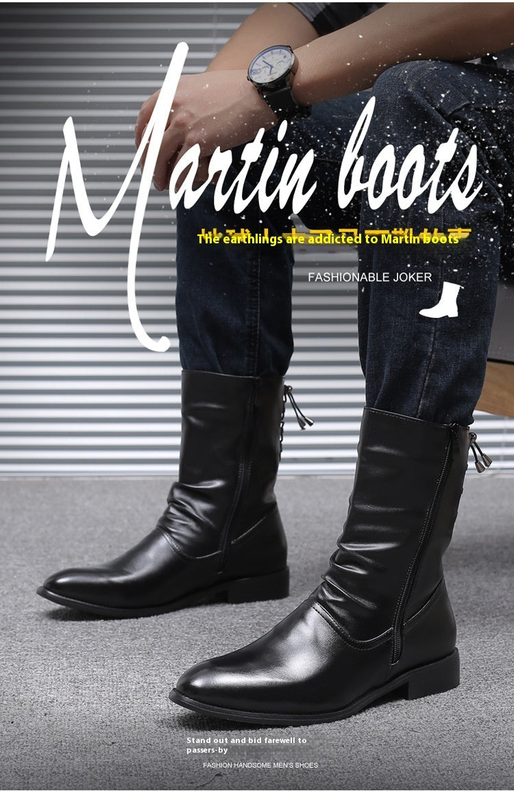 Pointed Leather Boots Men's British Korean High-top Leather Mid-calf Length boots