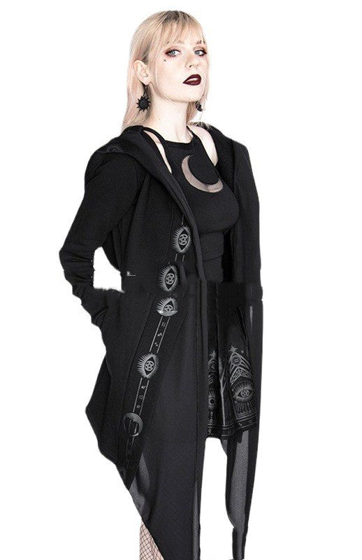 Irregular Black Punk Hooded Jacket Long Patchwork Printed Sweater