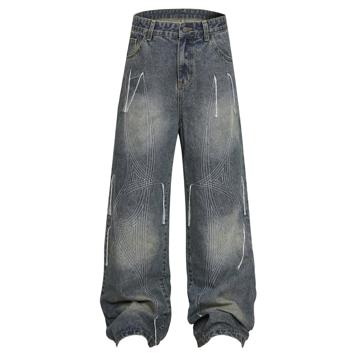 Washed Distressed Embroidery Tassel Jeans Wide-leg Straight Trousers