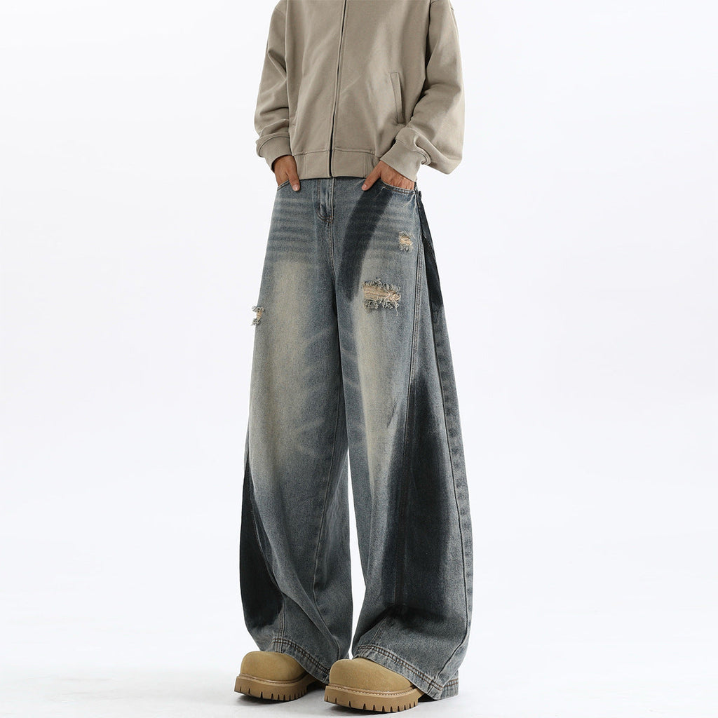 Men's American-style Splash-ink Ripped Machete Jeans
