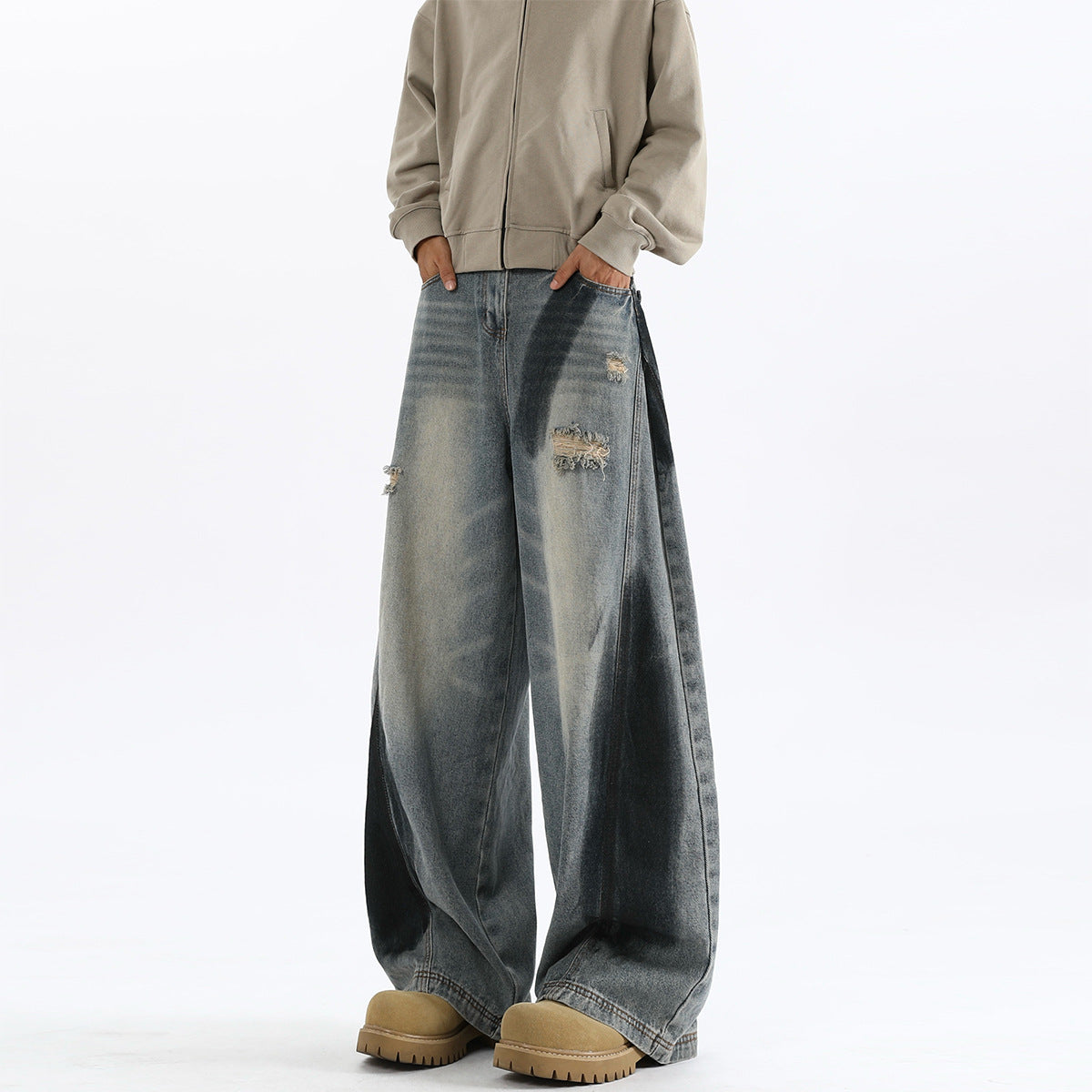 Men's American-style Splash-ink Ripped Machete Jeans