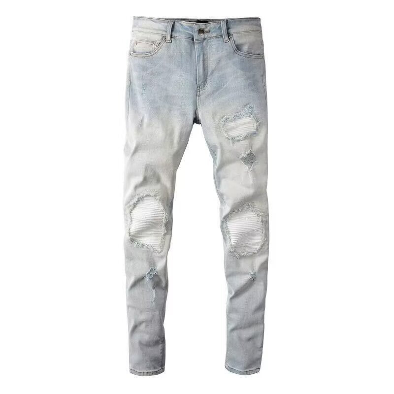 Hole  Patch Jeans Men's Fashion Brand Stretch Slim Fit Feet Washed All-matching