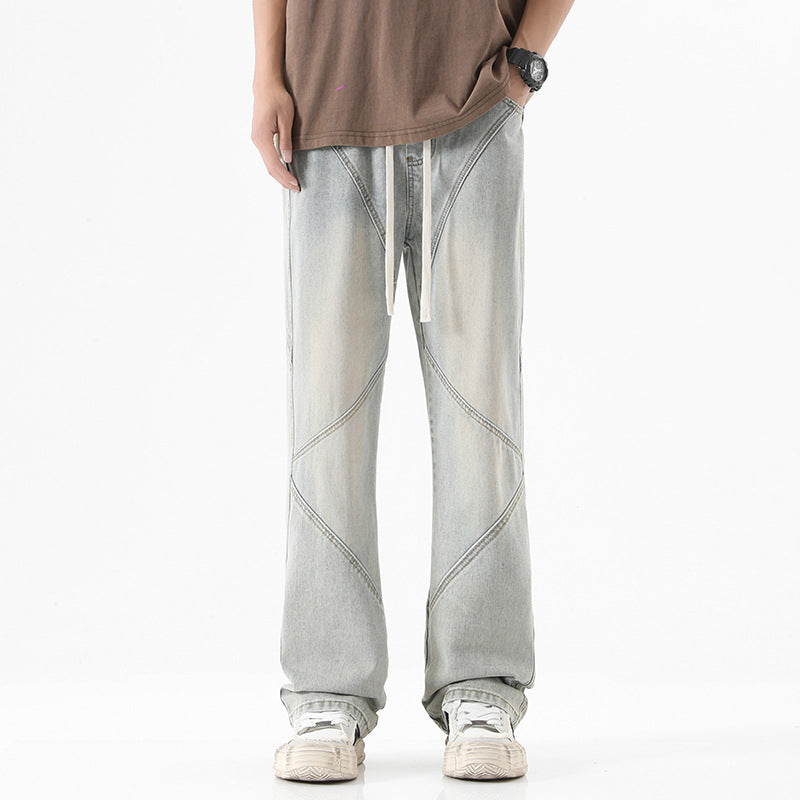 Men's American-style Retro Drawstring Design Stitching Jeans