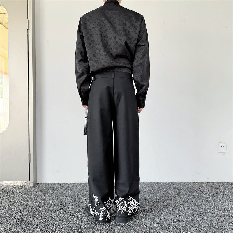 Pleated Wide Leg Printing Casual Straight Pants