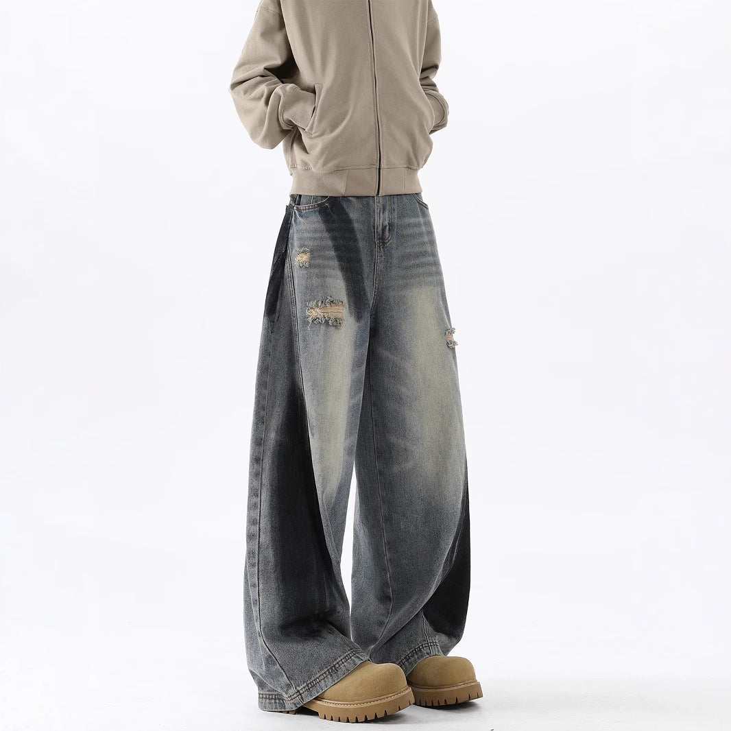 Men's American-style Splash-ink Ripped Machete Jeans