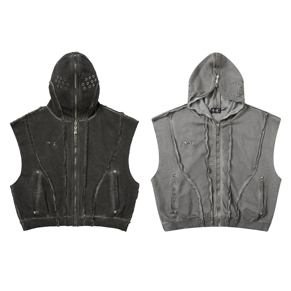 Men's Wash Dirty Dyed Patchwork Sweater Short Sleeveless Hoodie