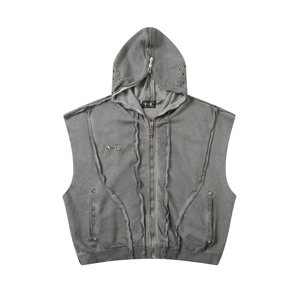 Men's Wash Dirty Dyed Patchwork Sweater Short Sleeveless Hoodie