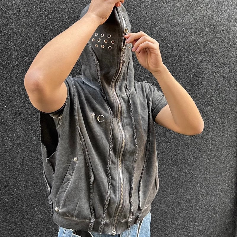 Men's Wash Dirty Dyed Patchwork Sweater Short Sleeveless Hoodie