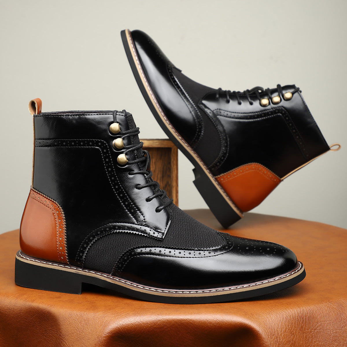 British Men's High Top Color Blocked Leather Shoes
