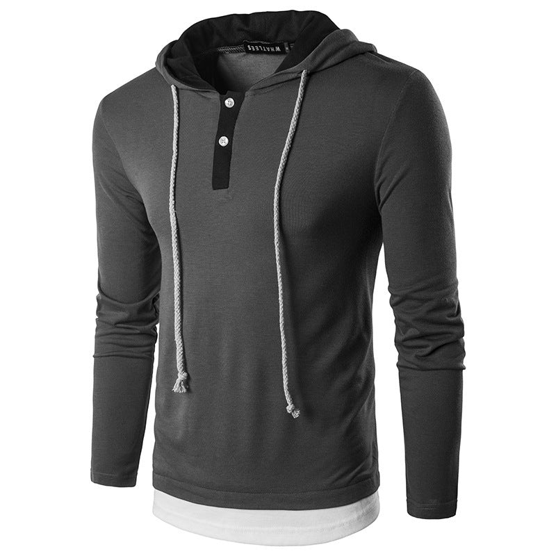 Fake Two-piece Hooded Drawstring Long-sleeved T-shirt