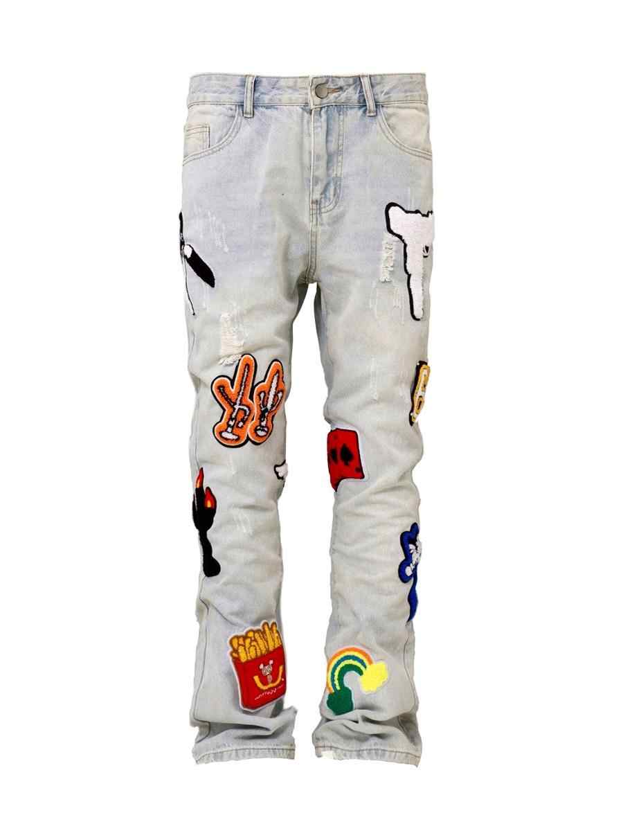 Light Color Irregular Towel Embroidered Slim Straight-leg Denim Trousers