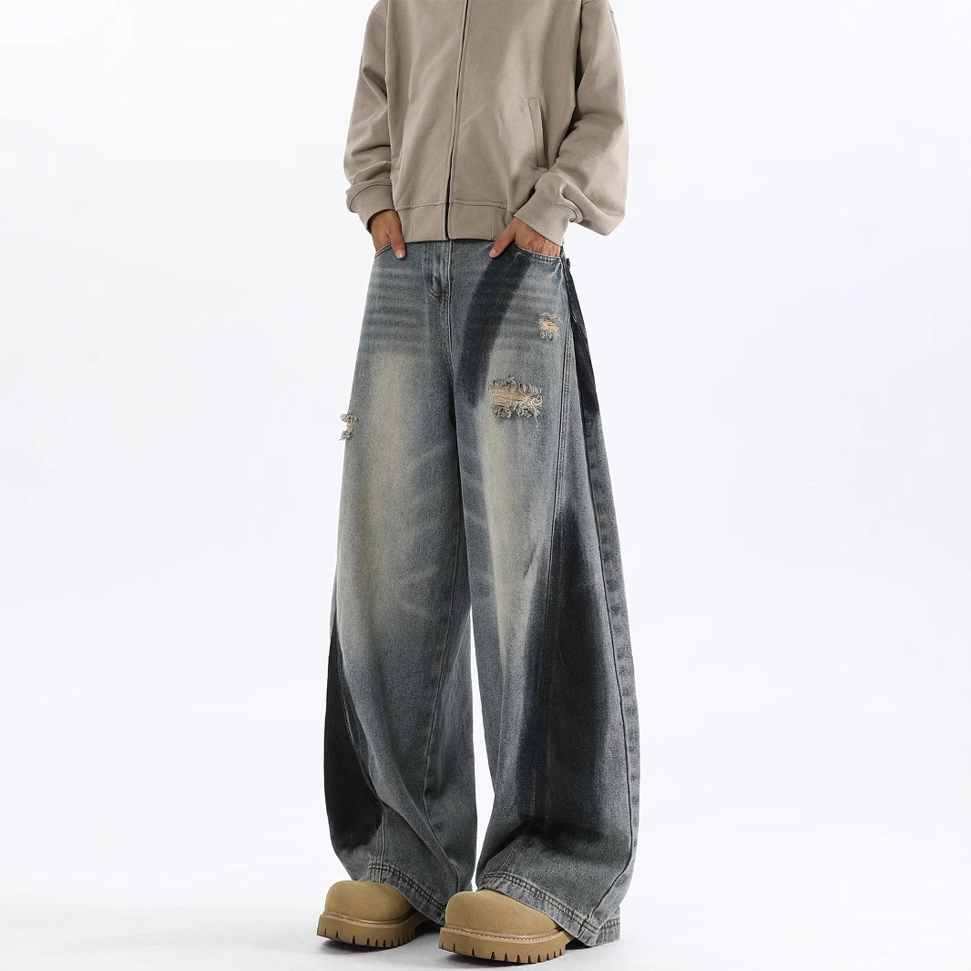 Men's American-style Splash-ink Ripped Machete Jeans