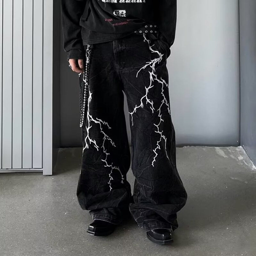 Retro Minority Washed Lightning Embroidered Jeans