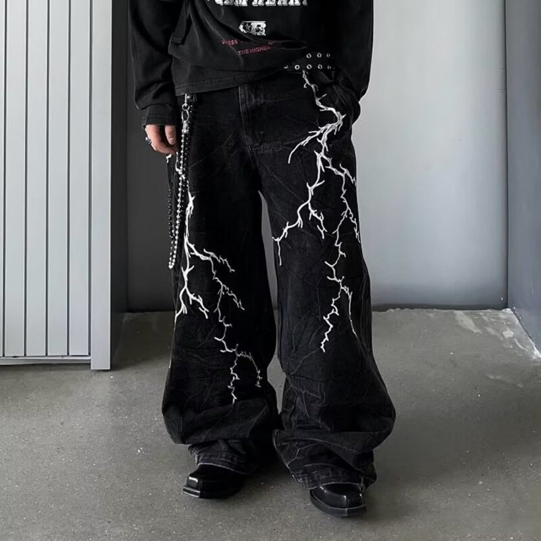 Retro Minority Washed Lightning Embroidered Jeans