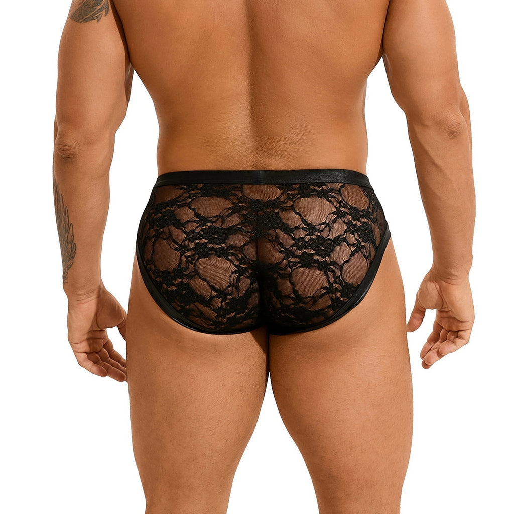 Men's Sexy Faux Leather Stitching Lace Briefs