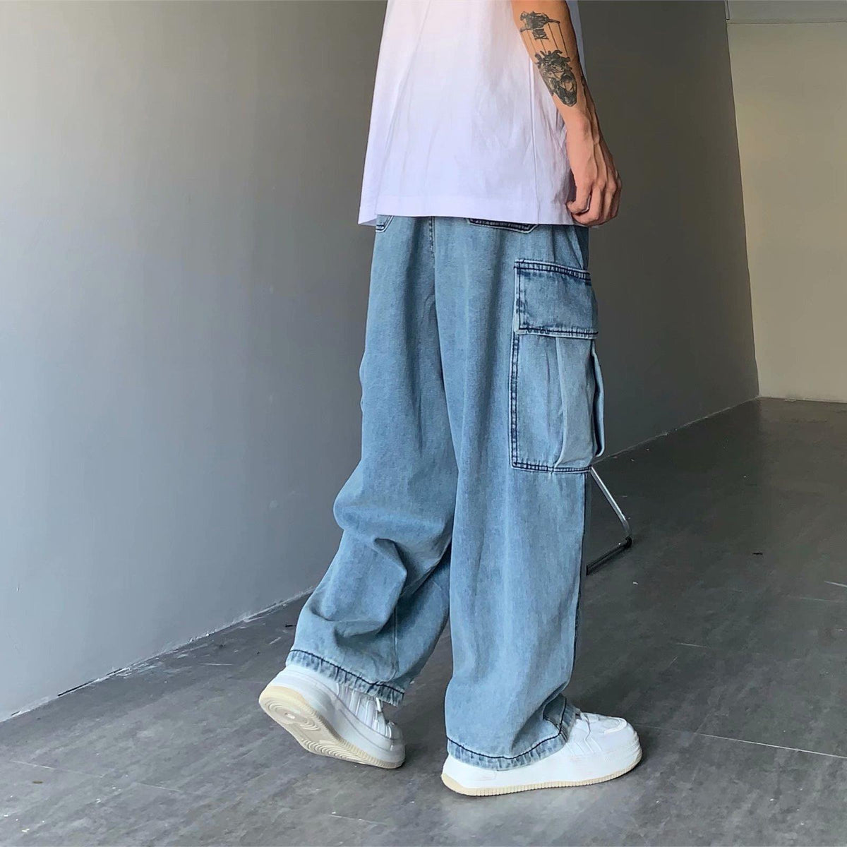 Street Retro Drape Large Loose Pockets Cargo Jeans