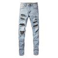 Leather Patched Holes Elastic Slim Fitting Jeans For Men