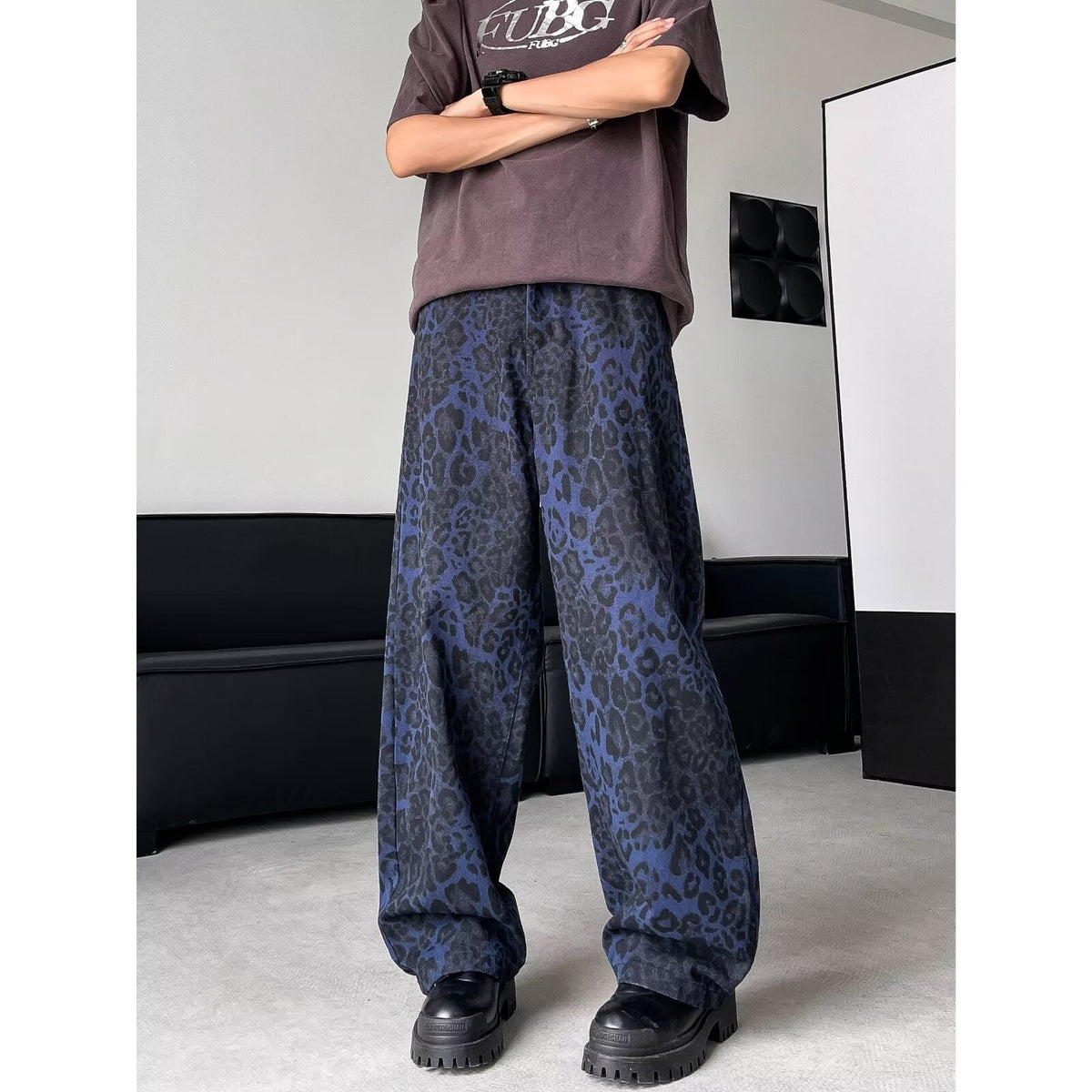 American Retro Leopard Print Wide-leg Pants Loose Straight