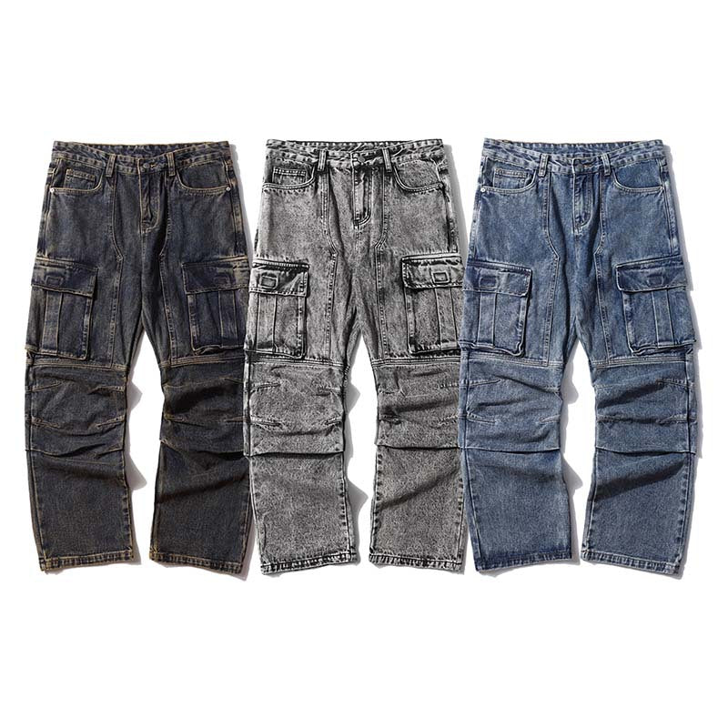 Washed Distressed Multi-pocket Jeans Wide-leg Straight Trousers