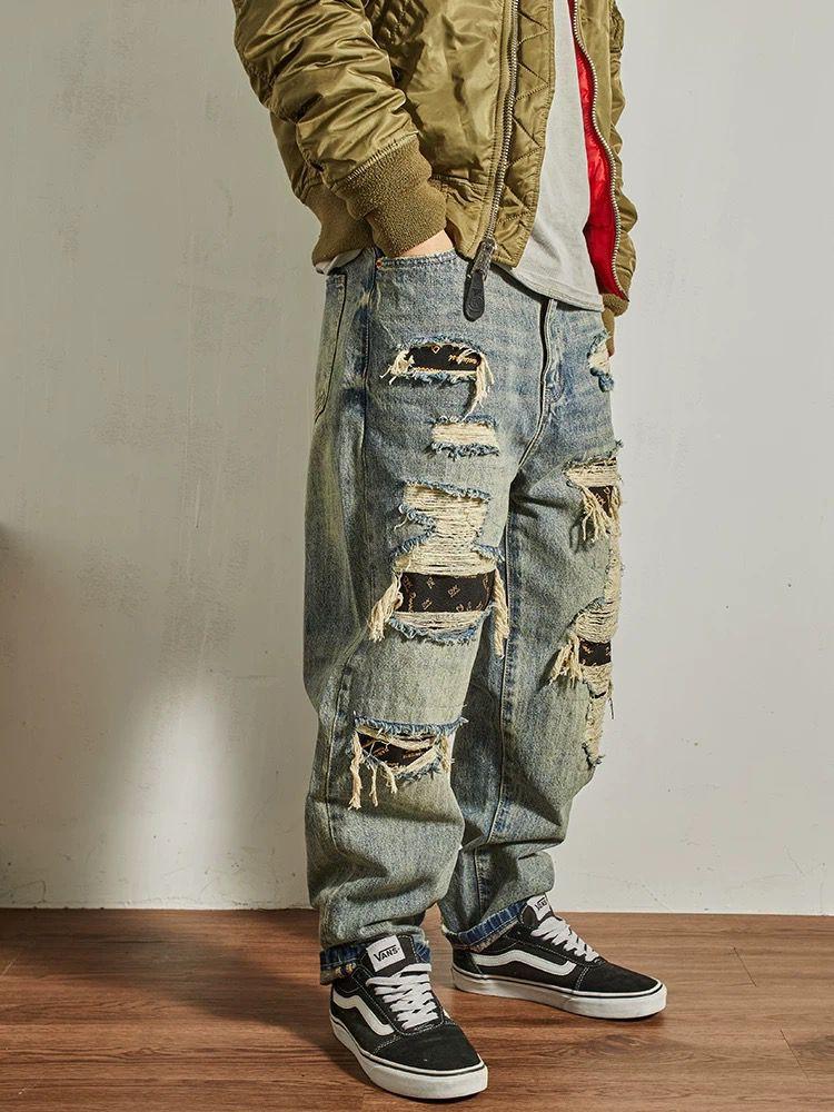 Jeans Men's Loose Straight Tapered Distressed Broken Holes Pants