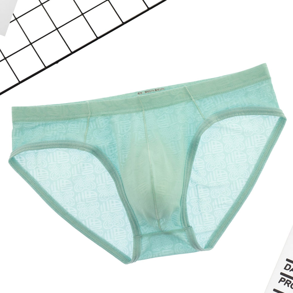 Men's Ice Silk Briefs Sexy Thin Fu Character Jacquard