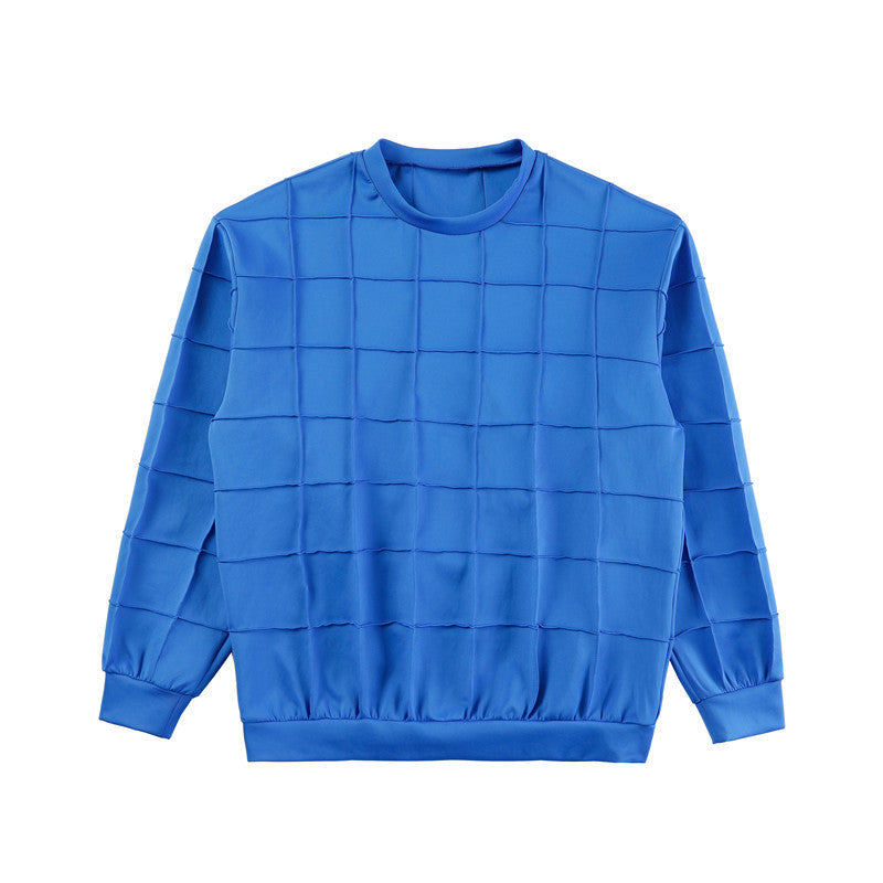 Men's Three-dimensional Crumpled Plaid Round Neck Loose Sweater