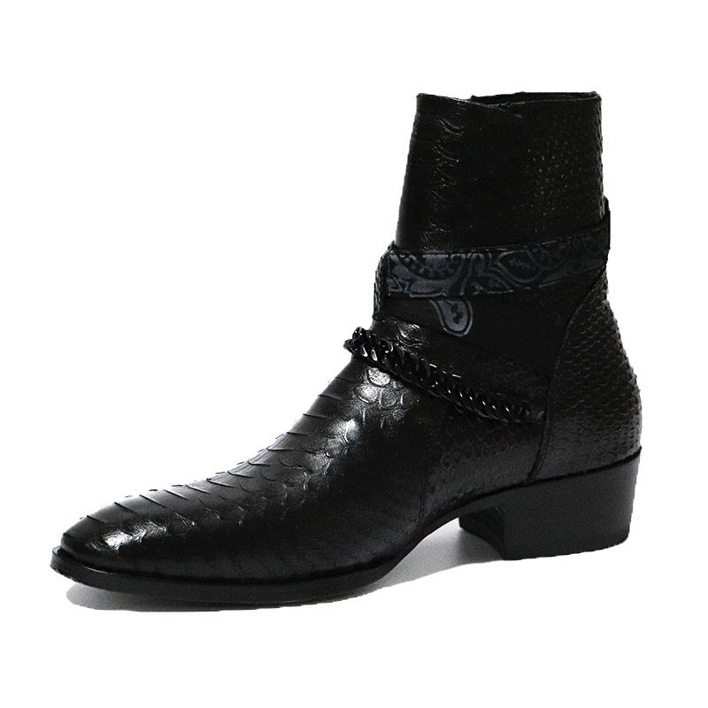 Men's Leather Serpentine Pointed Flower Chelsea Boots