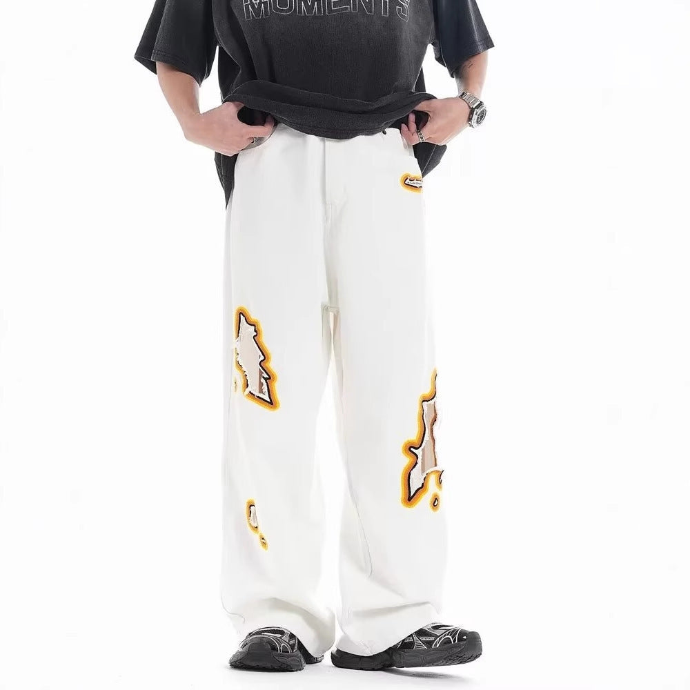 Retro Washed Ripped Embroidery Niche Design Loose Trousers