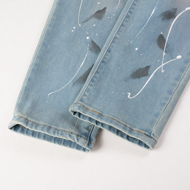 Rhinestone Patch Slim Fit Straight Ripped High Street Jeans