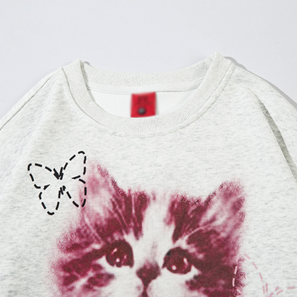 Kitten Animal Print Loose Round Neck Sweater