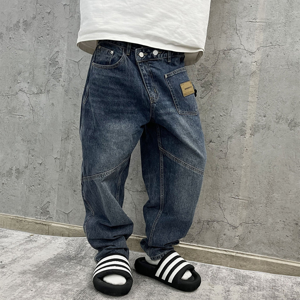 Retro Heavy Washed Oblique Placket Pocket Design Cargo Jeans
