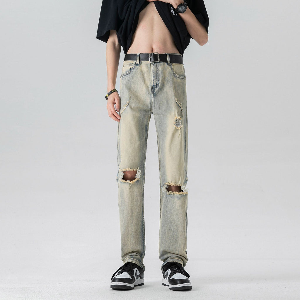 Men's Yellow Mud Washed Distressed Knee Ripped Jeans