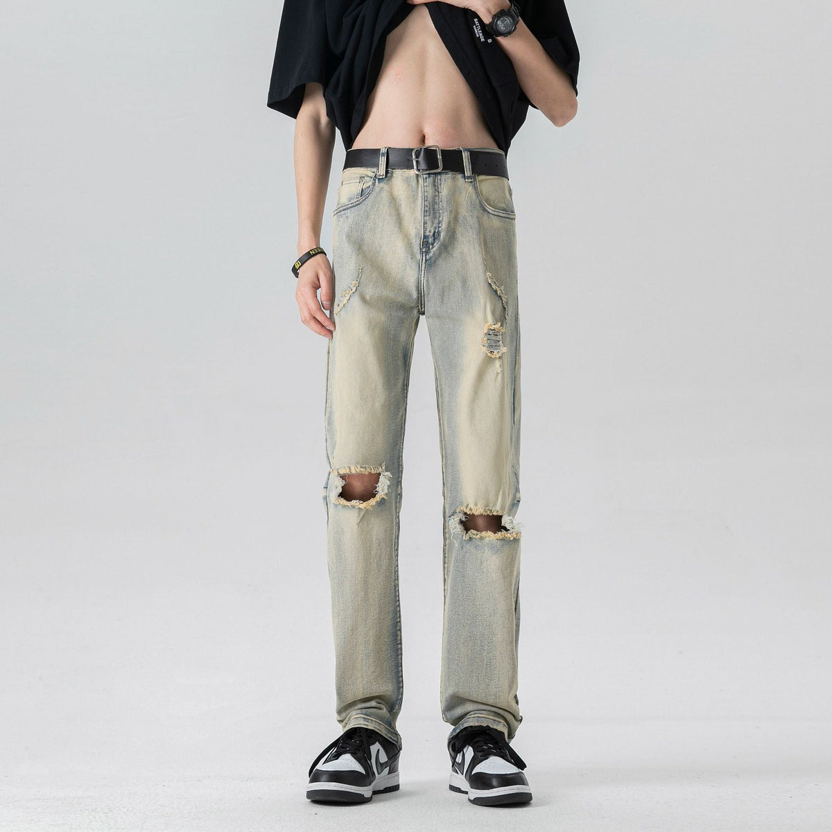 Men's Yellow Mud Washed Distressed Knee Ripped Jeans