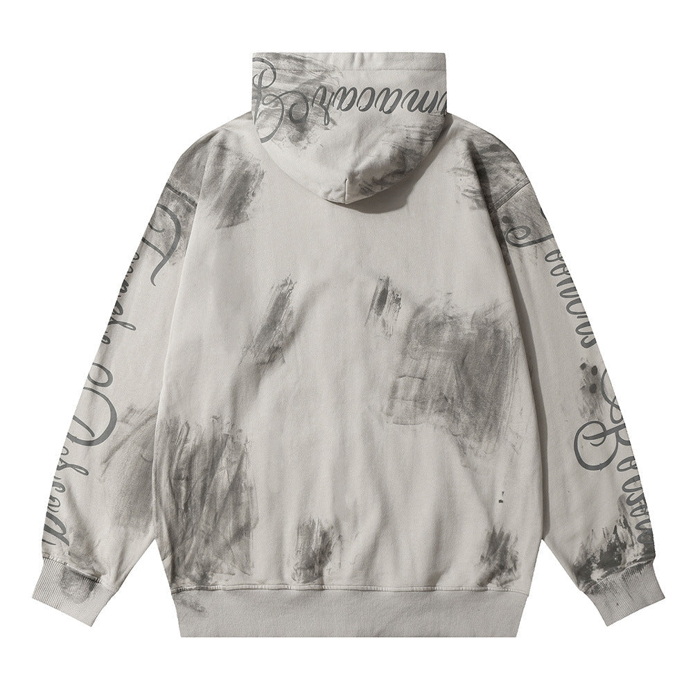 Tie-dye Letter Printing Hooded Cardigan Sweater