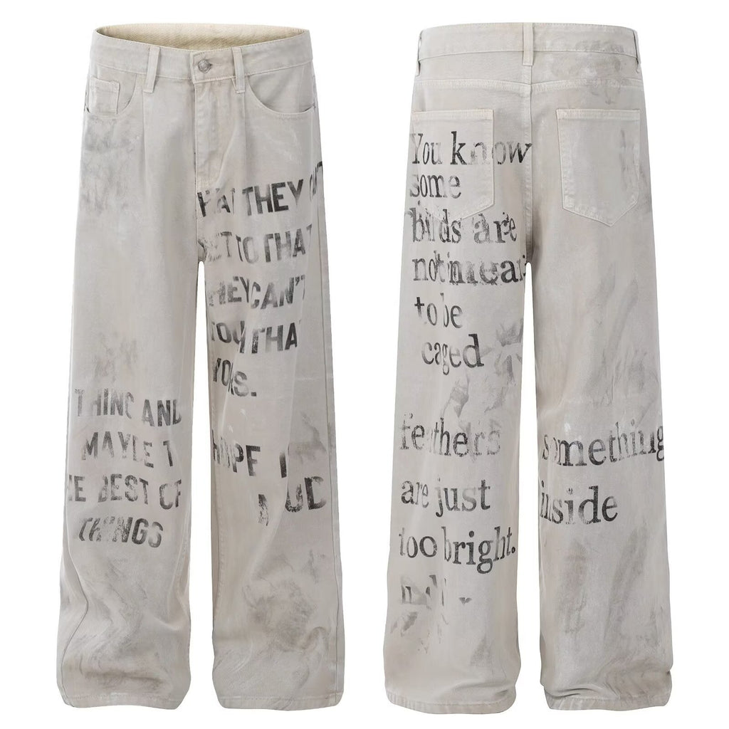 American Retro Distressed Slogan Letter Printed Jeans