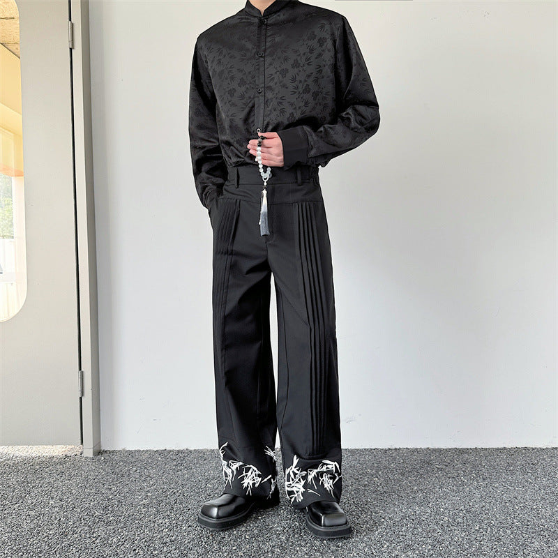 Pleated Wide Leg Printing Casual Straight Pants