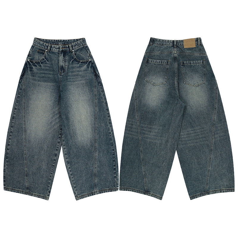 American-style Vintage Blue Washed Tie-dye Bootcut Jeans