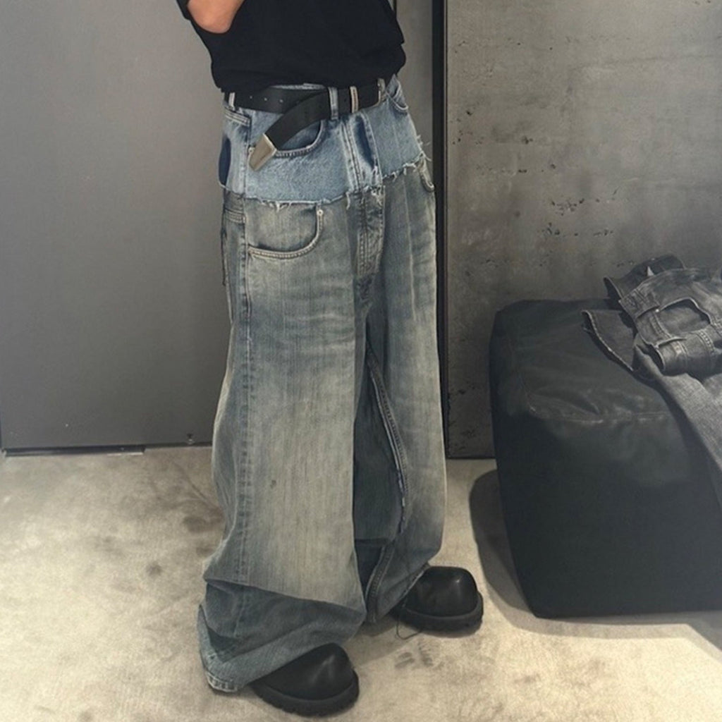 Cat Whisker Distressed Long Pants Unisex Double Waist Patchwork Jeans