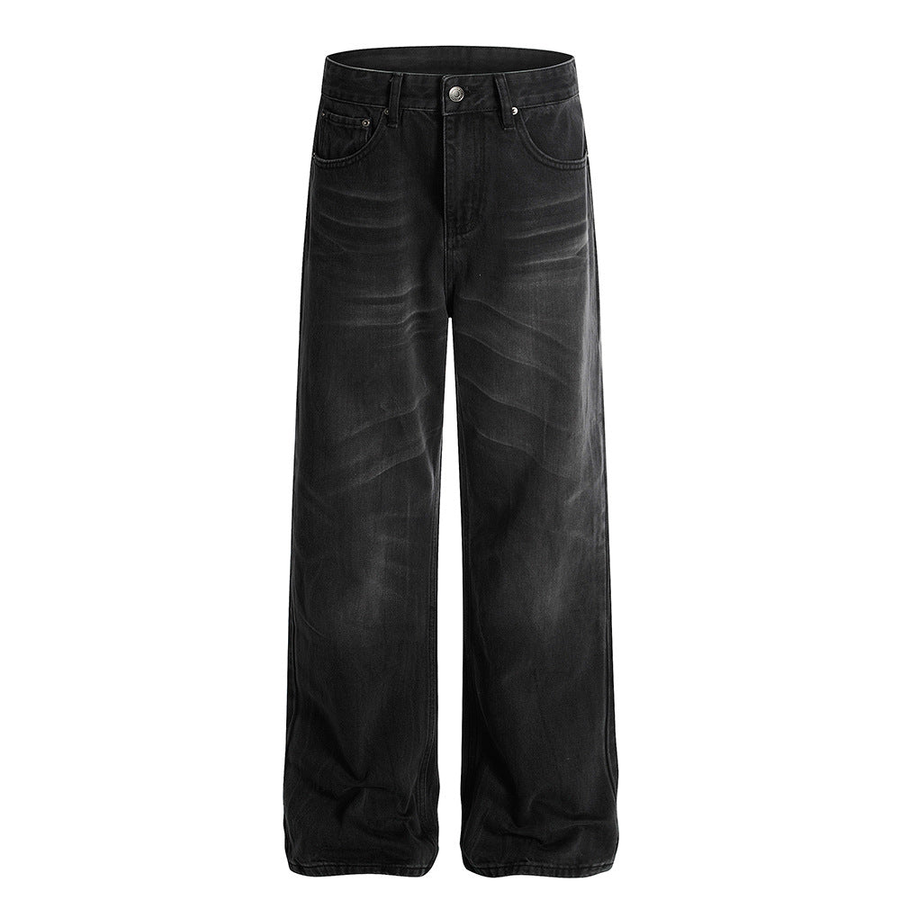 Retro Whisker-washed Distressed Straight-leg Denim Jeans