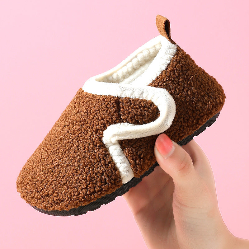 Autumn And Winter Children's Cotton Slippers With Fleece, Anti-slip Soft Sole