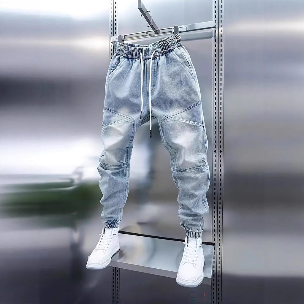 Men's New Light Blue Jeans Elastic Ankle Banded Pants