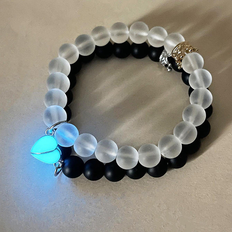 2pcs Handmade Crown Beaded Charms Bracelet Heart Glow In The Dark Couple Bracelet