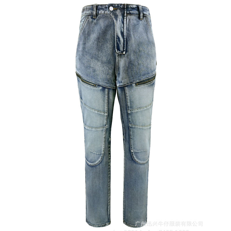 European And American Motorcycle Double Zipper Cycling Pants Four Seasons Slim Racing Anti-fall Jeans