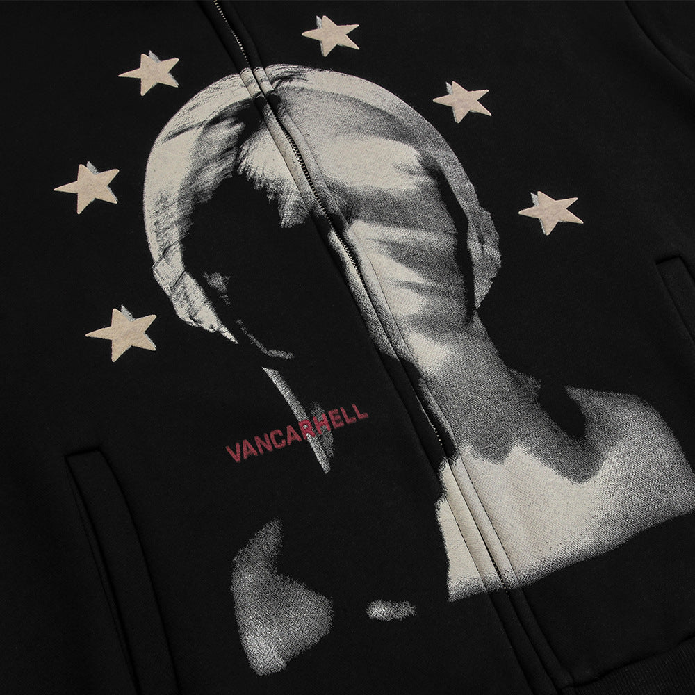 Depressed Abstract Printing Fleece Cardigan Sweater